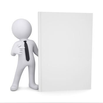 3d white man points a finger at the book. Isolated render on a white background