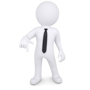 3d white man points a finger down. Isolated render on a white background