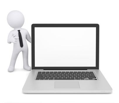 3d white man points a finger at laptop. Isolated render on a white background