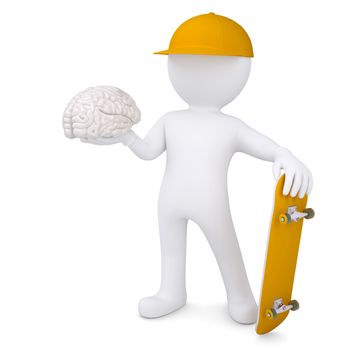 3d white man holding a skateboard and brain. Isolated render on a white background