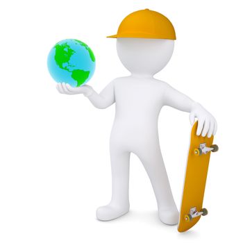 3d white man holding a skateboard and Earth. Isolated render on a white background