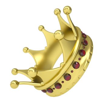 Gold crown decorated with rubies. Isolated render on a white background
