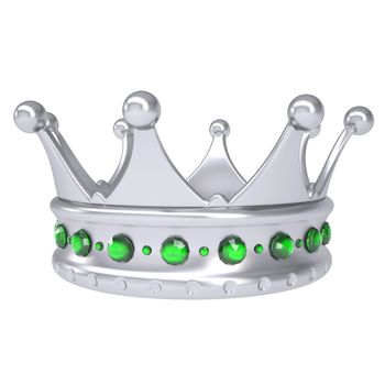Silver crown decorated with green sapphires. Isolated render on a white background