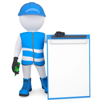 3d white man in overalls with a checklist and a marker. Isolated render on a white background