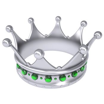 Silver crown decorated with green sapphires. Isolated render on a white background