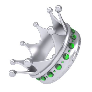 Silver crown decorated with green sapphires. Isolated render on a white background