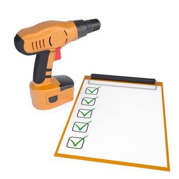Orange screwdriver and a checklist. Isolated render on a white background