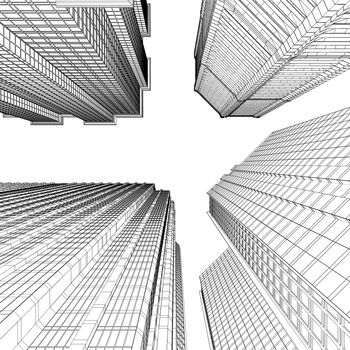 Skyscraper rendering in lines. Isolated render on a white background