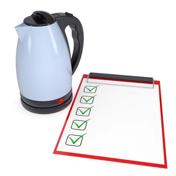 Electric kettle and checklist. Isolated render on a white background