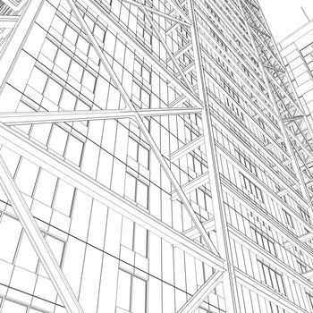 Skyscraper rendering in lines. Isolated render on a white background