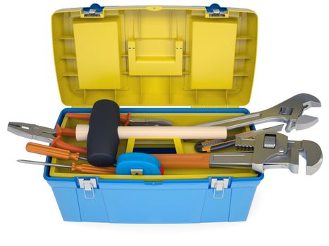 Plastic tool box with tools. Isolated render on a white background