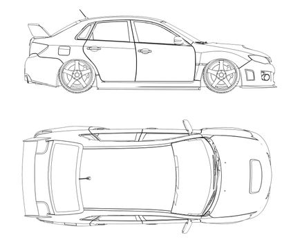 Car rendering in lines. Isolated render on a white background