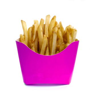 French fry in pink box isolated on white nackground