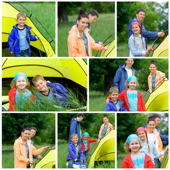 Collage of images family with kids near tent in camping on the nature.