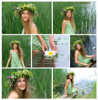 Collage of images beautiful girl with wreath of flowers