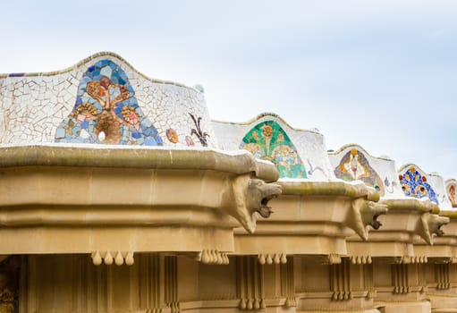 View of colorful ceramic mosaic bench of park Guell, designed by Antonio Gaudi, in Barcelona, Spain