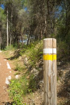 Wooden pole with a marking helping hikers to find direction