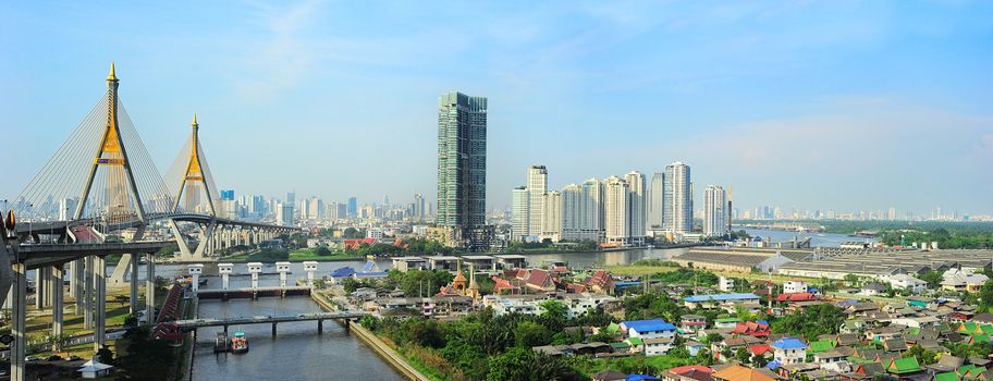 Bangkok skyline with  the Industrial Ring Road Bridge on the left