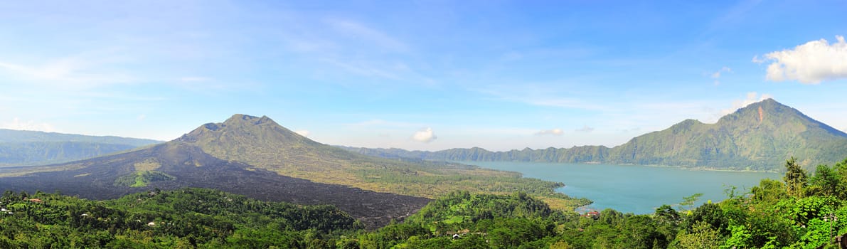 Panoramic view of Batur volcano in the sunshine day