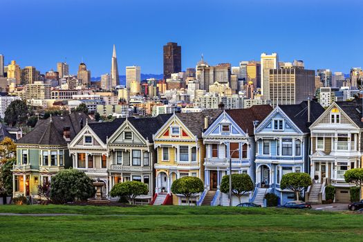 View from Alamo Square at twilight, San Francisco. 