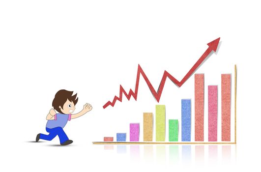 Hand drawn office worker climbs up chart