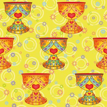 Seamless background, legendary bowl Holy Grail and abstract pattern.
