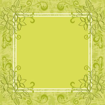 Abstract green floral background. Contour leaves, frame and grunge pattern.