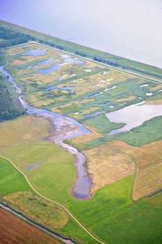 Dutch nature landscape with water and forrest from above, The Netherlands