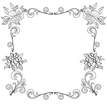 Abstract floral background, frame of flowers, black contour on white background.