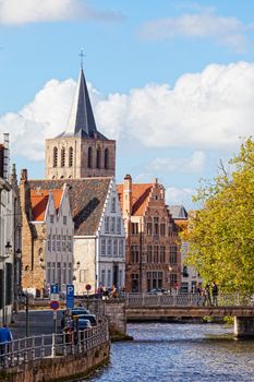 Classic view of channels of Bruges. Belgium. Medieval fairytale city. Summer urban