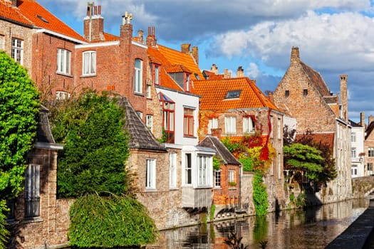 Classic view of channels of Bruges. Belgium. Medieval fairytale city. Summer urban