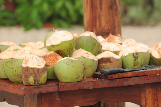 Fresh green coconuts, chopped and ready to drink