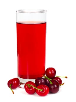 Juice with several cherries isolated on white background