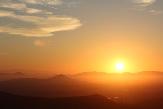 Fiery daybreak over the foothills of the Sierra Madre Occidental range near Mazatlan, Mexico