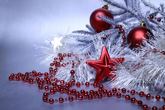 Christmas red and silver decoration with fir tree