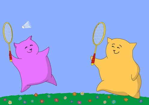 Pillows: mother and the son cheerfully play badminton on a blossoming meadow