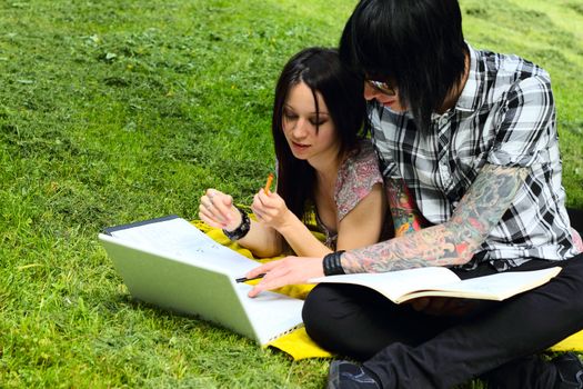 Couple of students studying outdoor with laptop