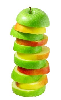 Stack of green and red apple slices juice concept isolated on white