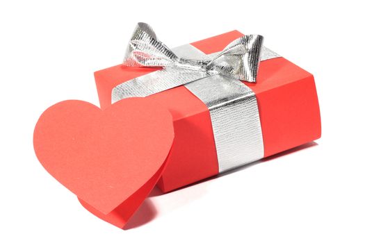 Valentines Day gift in red box with card isolated on white
