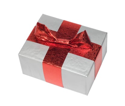 Silver gift box with red ribbon isolated on white