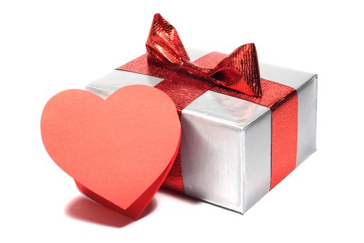 Valentines Day gift in silver box with greeting card isolated on white