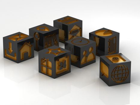 metal cube with icons assembling from blocks