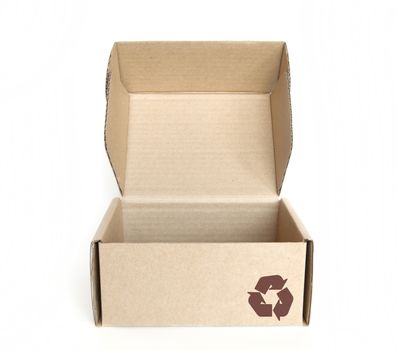 empty cardboard box with recycle logo on white background