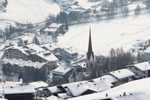 Panoramic view on winter Solden between mountains, Austria