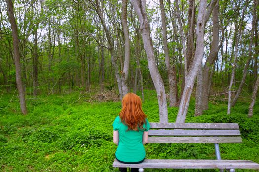 Lonely redhead woman rear view looking to forest sitting on a park bench