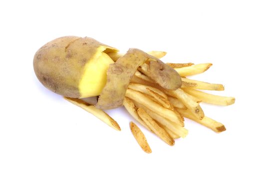 French fries and peeled potato concept isolated on white