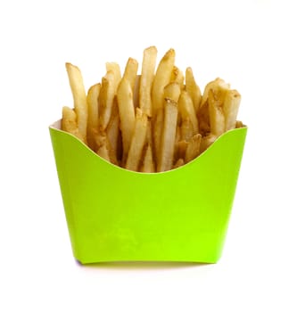French fry in green box isolated on white nackground
