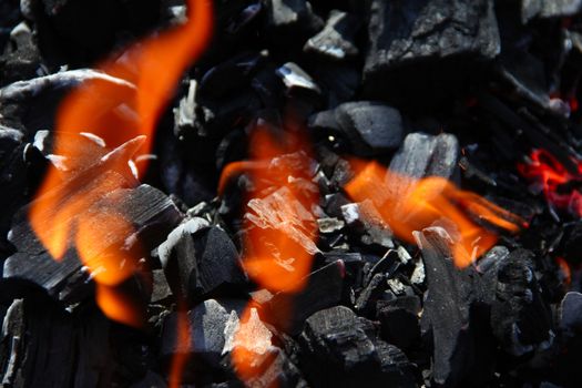 Beautiful fire on coal macro closeup