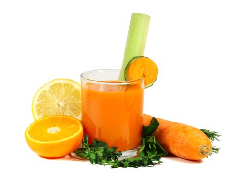 Carrot juice with fruits and vegetables isolated on white background