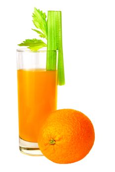 Orange juice and celery isolated on white